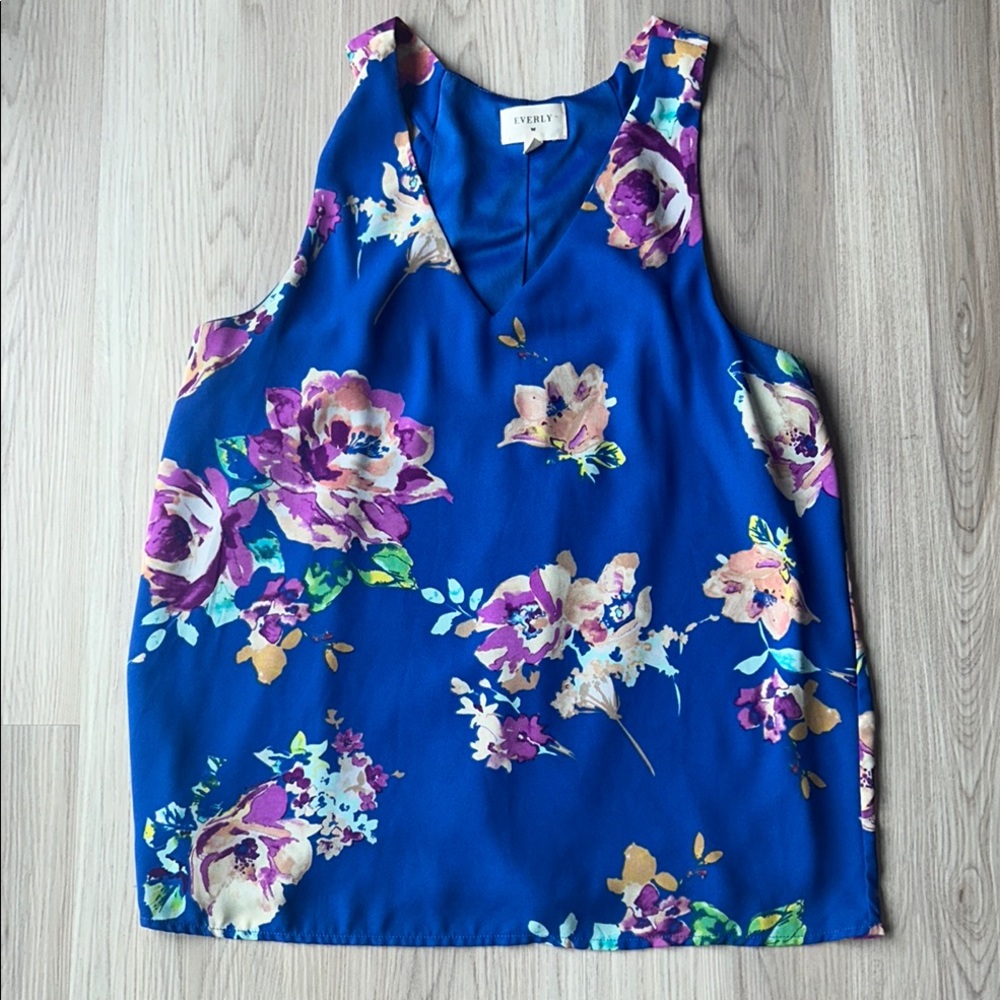 Everly Floral Lined Tank Top L Blue Vibrant Cottagecore Sleeveless Lagenlook